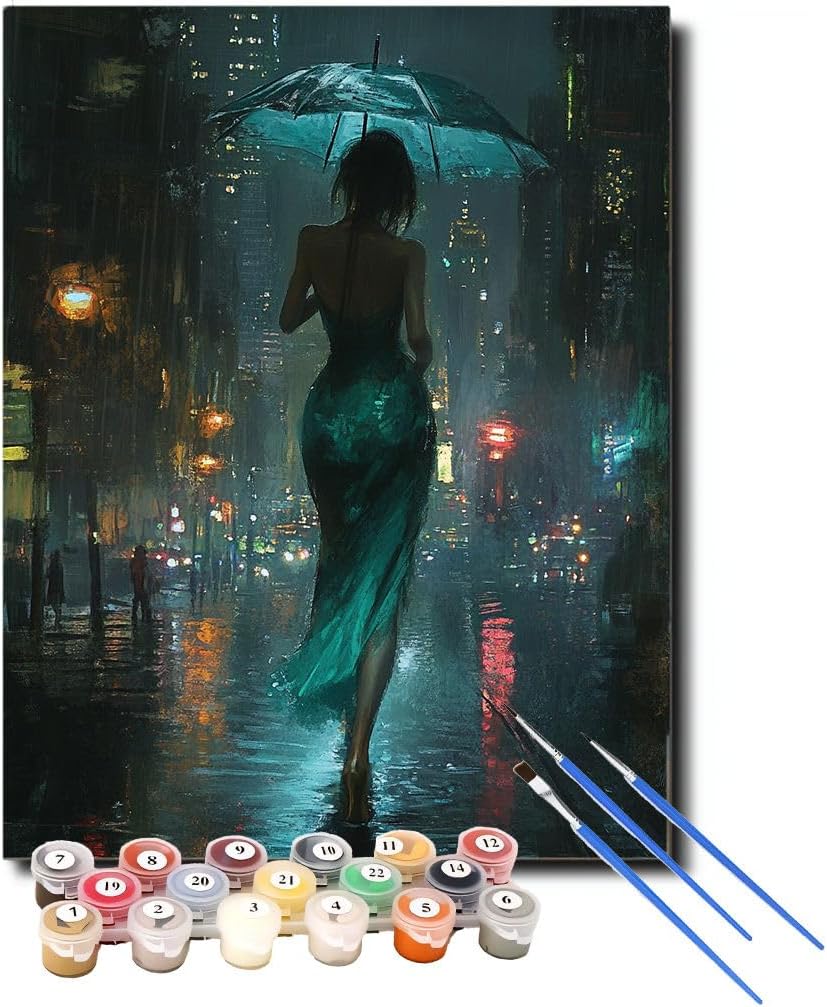Paint by Numbers Kit for Adults Beginner, Rainy Night Scenery Adult Paint by Number Kits on Canvas Without Frame, Lady in Blue Dress Acrylic Oil Paint by Numbers for Home Decor Gift 16"W x 20"L