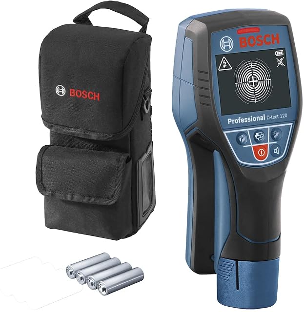 Bosch Professional Detektor Wallscanner D-tect 120 (4 baterie AA, maks. głęb. detekcji rury plast./belki drewn./przewody pod napięciem/metale magn./metale niemagn.: 60/38/60/120/120 mm, pokrowiec)