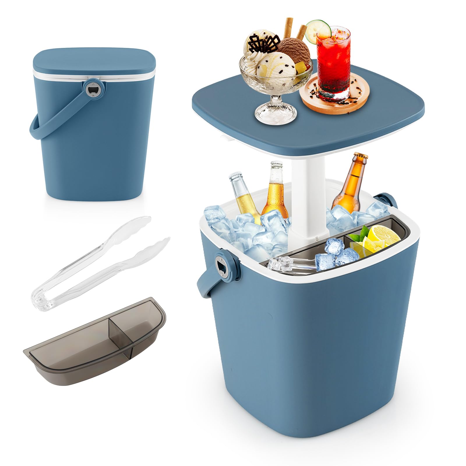 SOARS Bar Exterieur 3 en 1 15L Table d'Appoint Réglable en Hauteur 35 x 34 x 37-58 cm avec Boîte à Glace, Pince, Refroidissiment Jusqu'à 6H, Table pour Jardin Piscine Salon Chambre Bleu