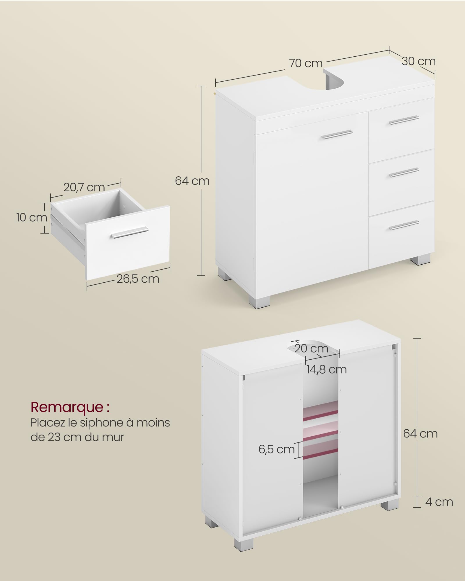 VASAGLE Meuble sous Lavabo, 3 Tiroirs Latéraux, 70 x 30 x 63,8 cm