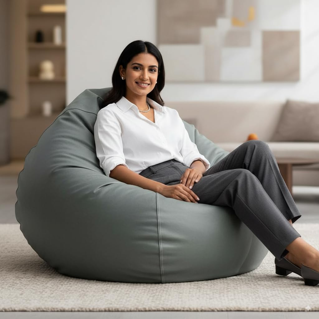 TUSA LIFESTYLE 5XL Tear Drop Bean Bag Cover with Handle (Without Beans) Premium Faux Leather Extra Large Bean Bag Chair Cover for Adults & Kids Washable, Refillable, Ergonomic Design(Grey)-image-3