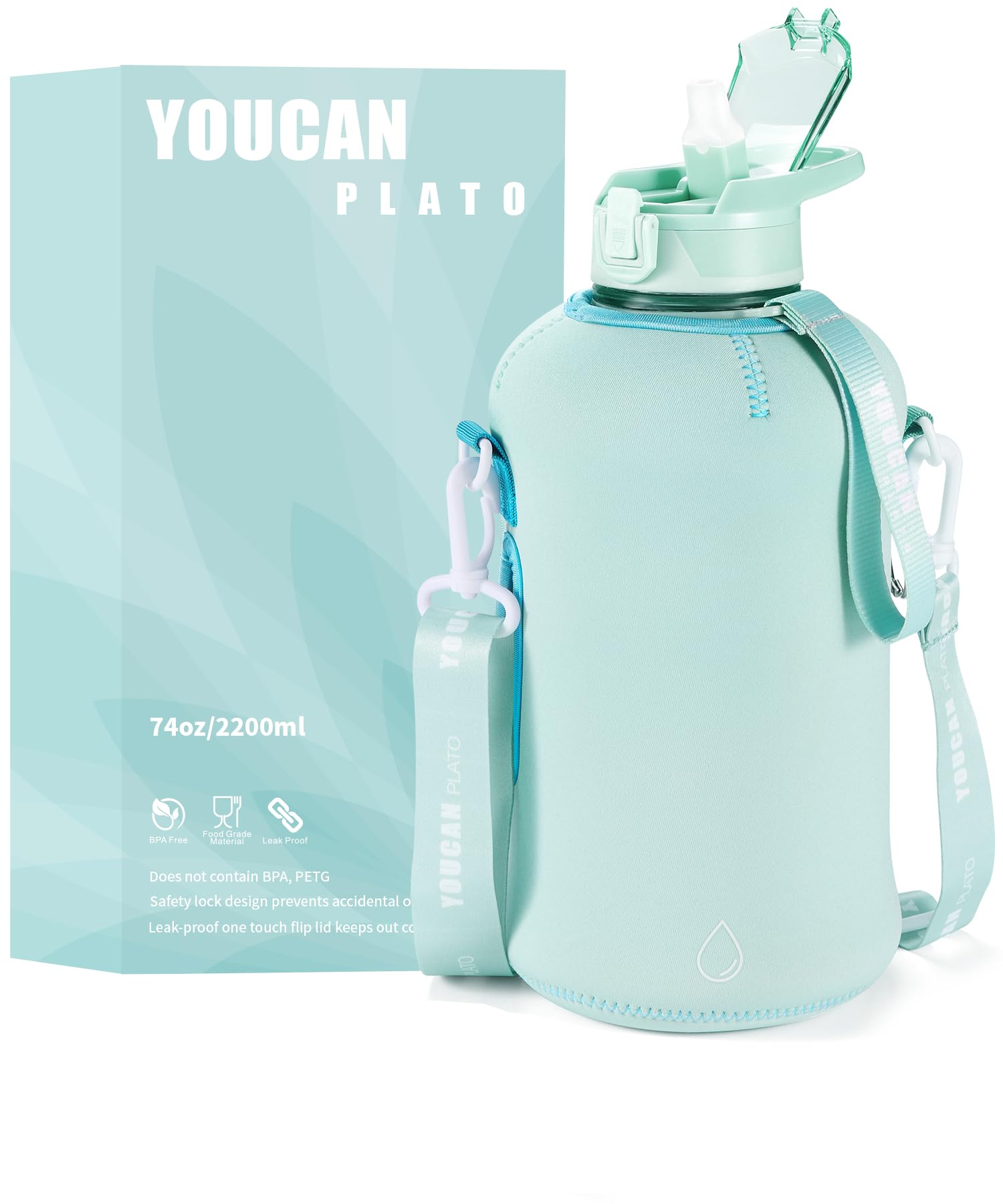 YOUCAN PLATO 74 oz Half Gallon Water Bottle with Sleeve-Large Water Bottle -Big Gym Water Bottle with Straw- Gallon Water Jug with Handle and Bottle