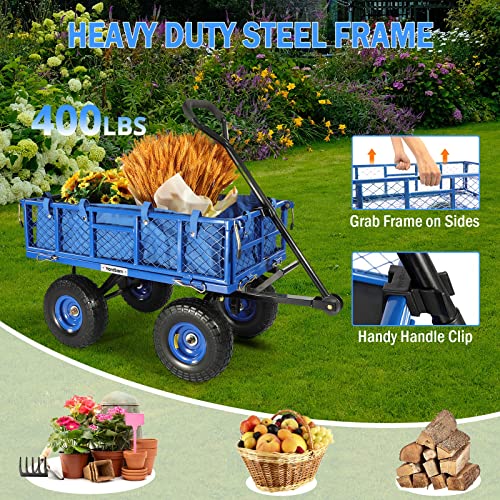 Yardsam Dump Garden Carts With Flat Free Tires, Heavy Duty Steel Dumping Garden Wagons With 400Lbs Capacity, Removable Sides, Pullable Handles, 10In All-Terrain Wheels, For Lawn Yard Farm, Blue #TOP3