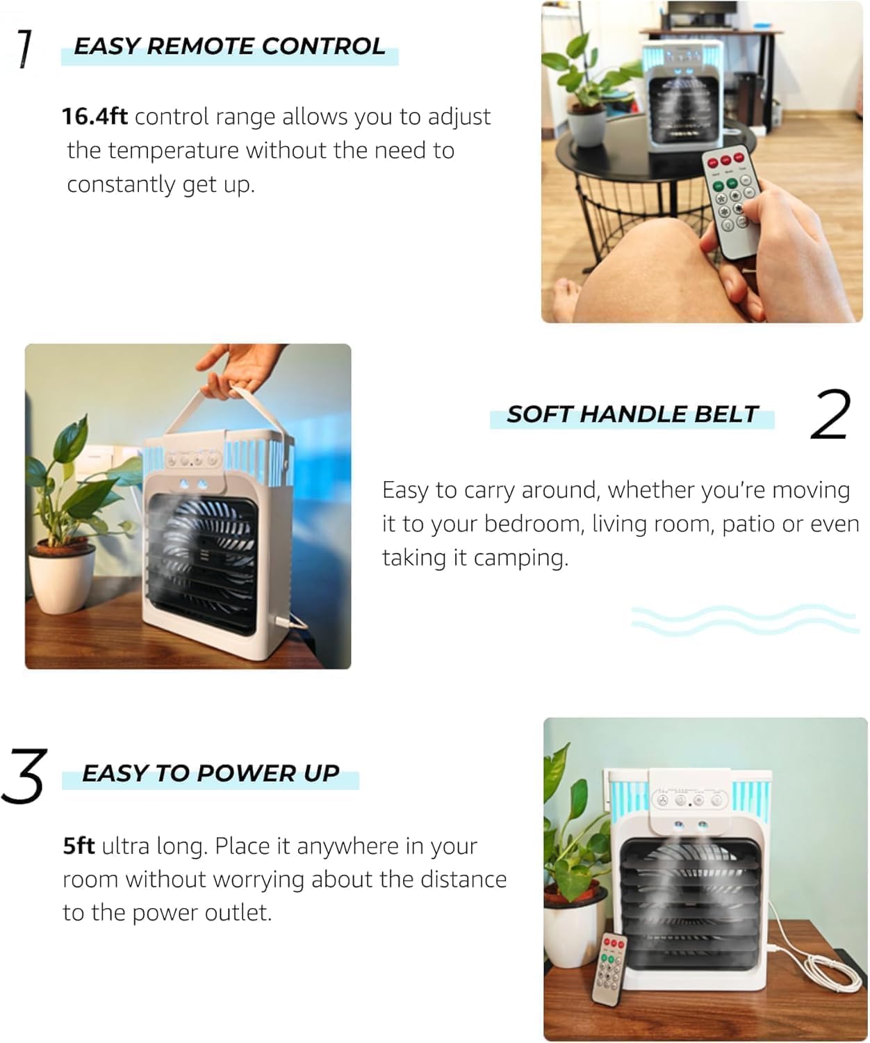 Portable Air Conditioners, 3 Speeds, 3 Mist Modes, 40oz Water Tank, 2~8h Timer & 7-color Ambient Lights, Evaporative Air Cooler, Personal Small Mini Air Conditioner for Room Bedroom Office Kitchen
