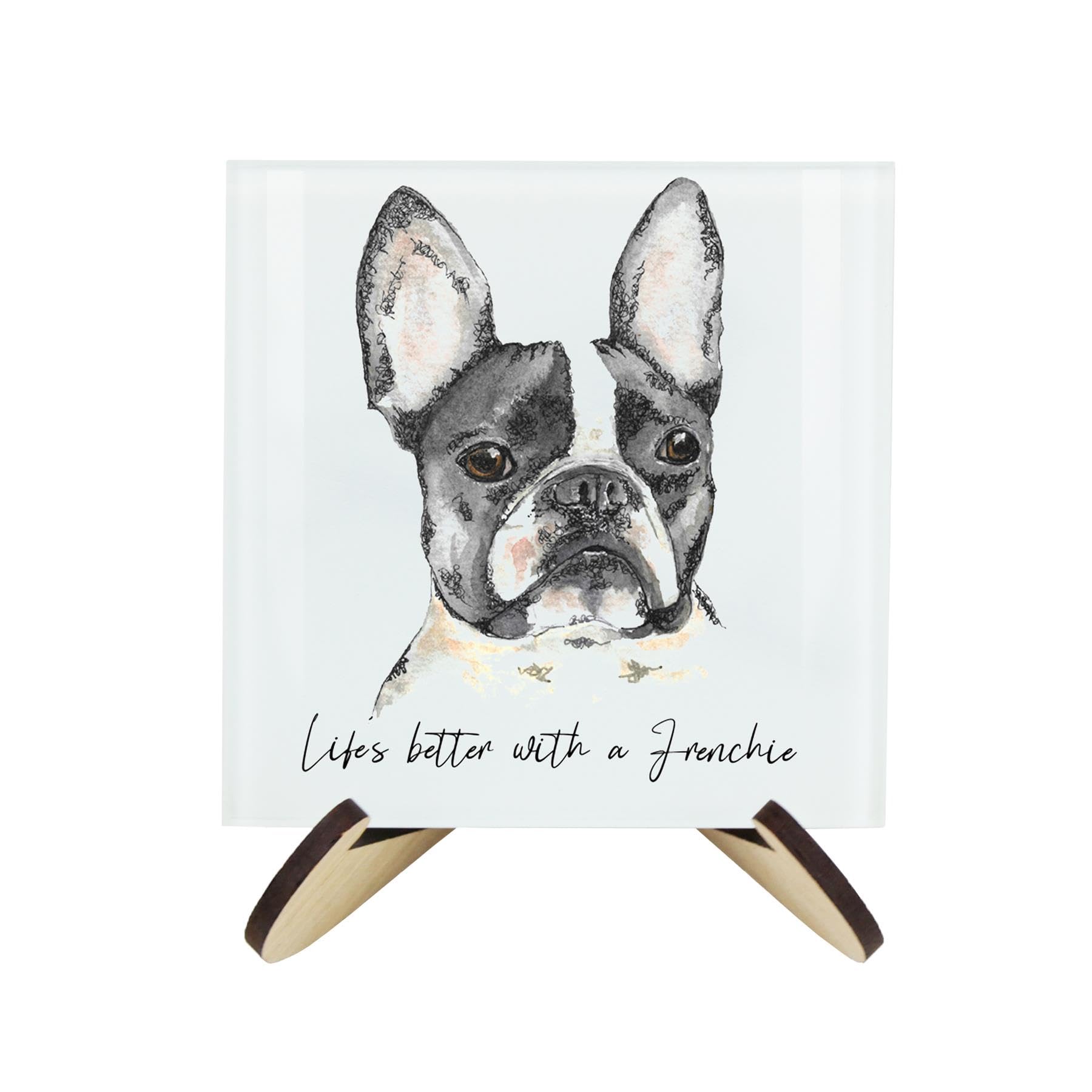 Frenchie Coaster Set - Life's Better With a Dog Gift - Square Glass Set of Four (4) Coasters & Wood-Effect Stand