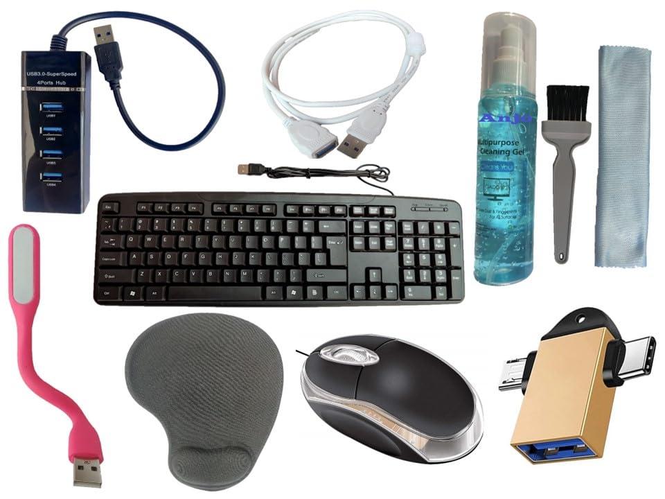 Anjo 8 in 1 Combo of Wired Keyboard, Wired Mouse, Pad with Wrist Support, Hub 3.0, Cleaning Kit with Cloth & Brush 100ml, Extension Cable 1.5 Meter, LED Light, OTG 2in1 Micro & C to A Type