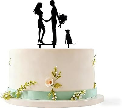 Wedding Cake Topper - Bride Hold Hands Groom with Flowers Dog Black Silhouette Cake Decoration