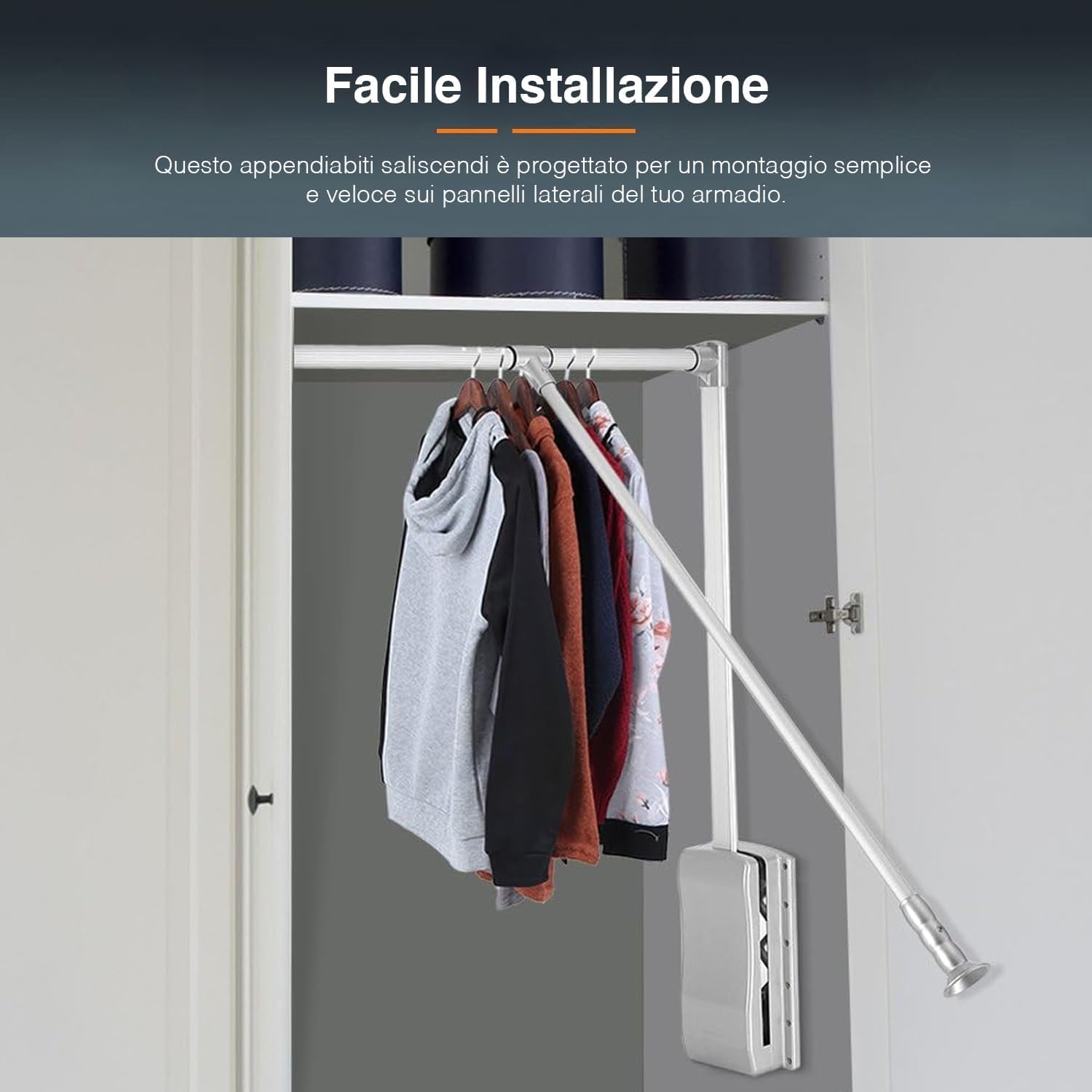 Avilia Appendiabiti Saliscendi per Armadio in Acciaio Cromato, 83-115cm - Asta Appendiabiti Regolabile e Estensibile, Carico Max 12kg, Montaggio Facile e Veloce