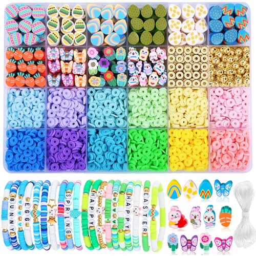 2480pcs Easter Polymer Clay Beads Bracelet Making kit 24 Style Cute Fun Beads Charms for Jewelry Necklace Earring Making DIY Accessories for Women Girls