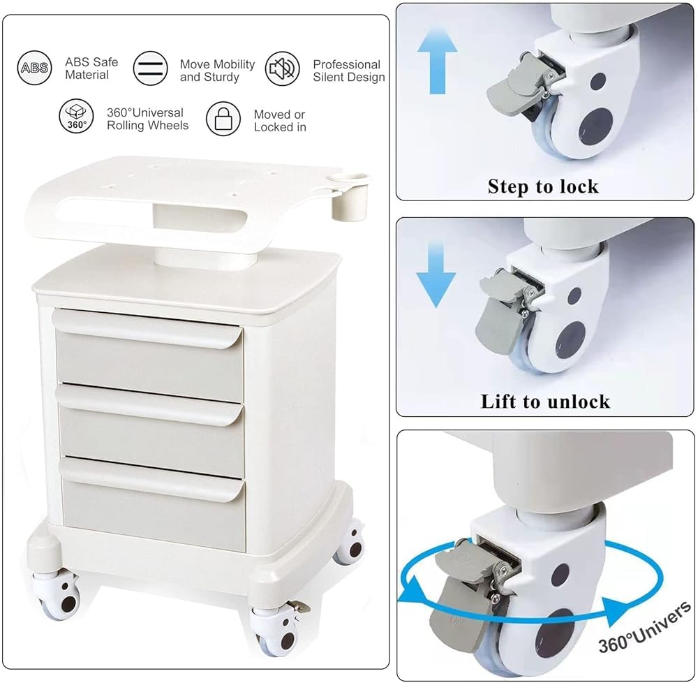 Carrito de almacenamiento móvil con ruedas y cajones para equipos médicos, herramientas de salón y suministros de oficina