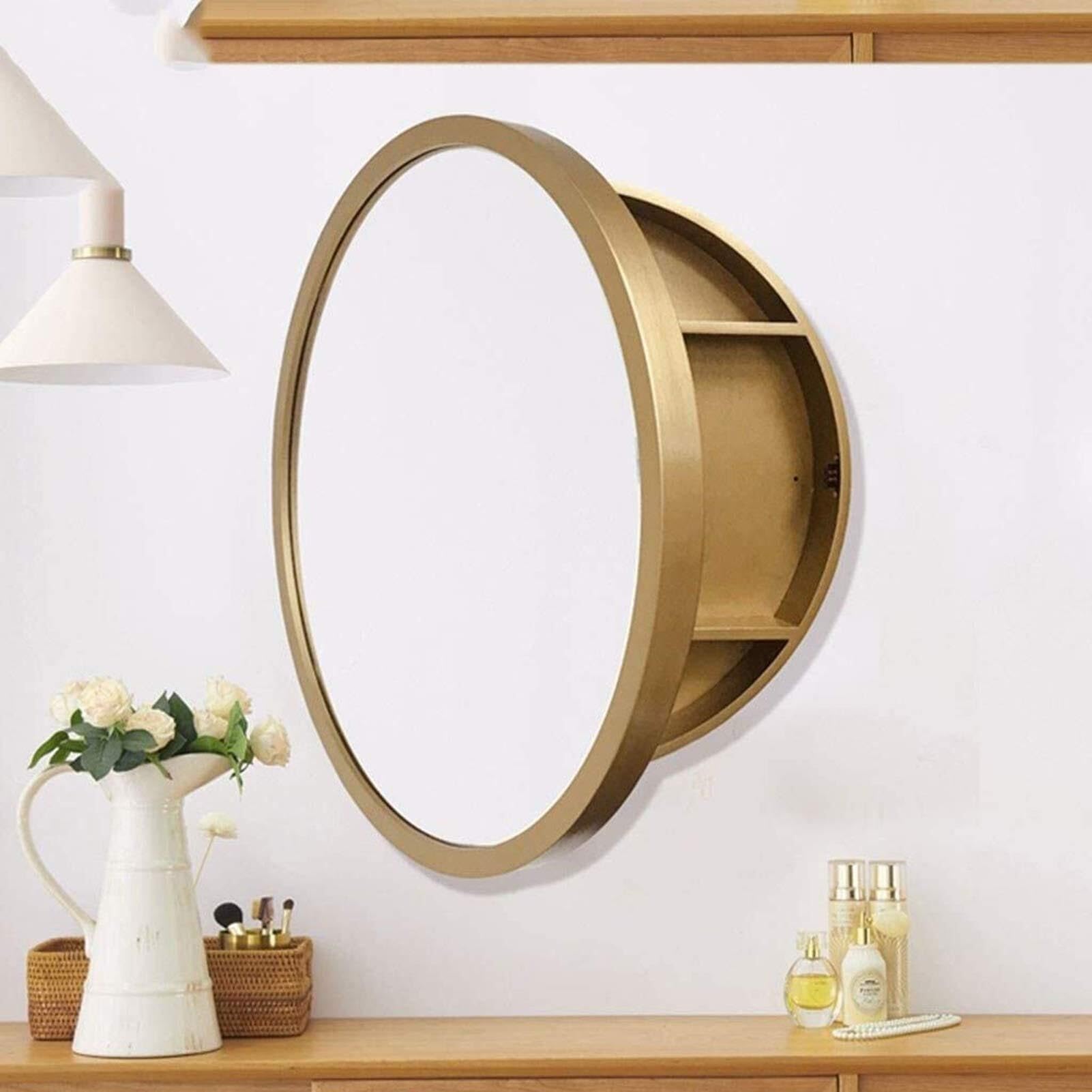 Espejos de baño de Madera Maciza - Espejo de tocador Grande corredizo montado en la Pared con función de Almacenamiento for Muebles - Espejo de Pared Redondo(Brass Gold,60cm)