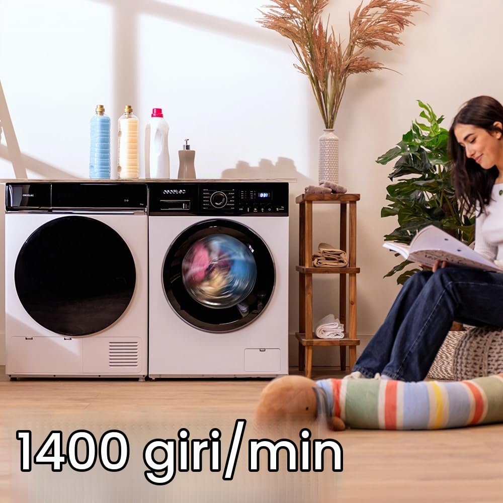 Cecotec Lavatrice 9K Carico Frontale Bolero DressCode 9155 Inverter. Classe A, 1400RPM, 12 Programmi, Inverter Plus, Basso Consumo, Steam Max, Drum Clean, Delay Start, PreWash, Pannello Controllo LED