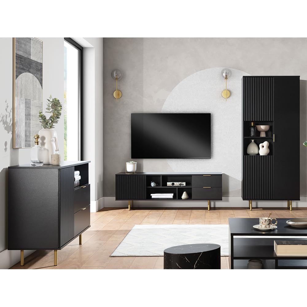Lomadox Wohnmöbel Set Wohnwand matt schwarz 3-teilig modern 1 Kommode, 1 Lowboard, 1 Vitrine