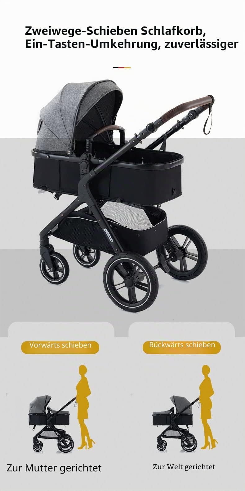 YAZOCO kinderwagen, kinderwagen 3 in 1 Kombikinderwagen reisesysteme mit Moskitonetz Regenschutz Fußsack, Zusammenklappen, Liegeposition