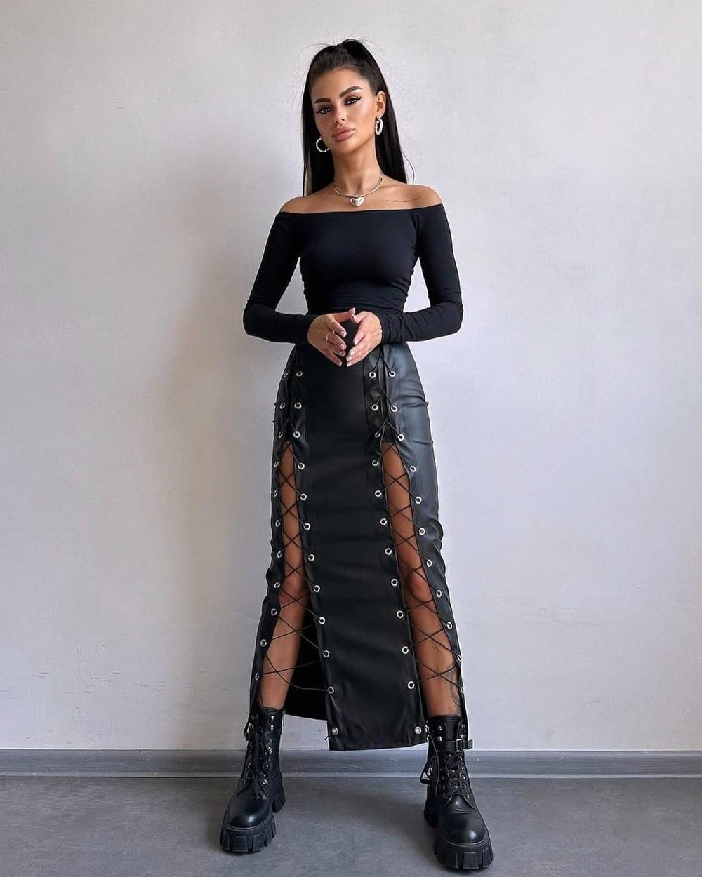 Gonne in Pelle da Donna, Gonna da Donna in Pelle PU Elasticizzata al Ginocchio con Lacci sul Retro. Gonne in Pelle con Fasciatura con Cerniera e Lacci(Black,M)