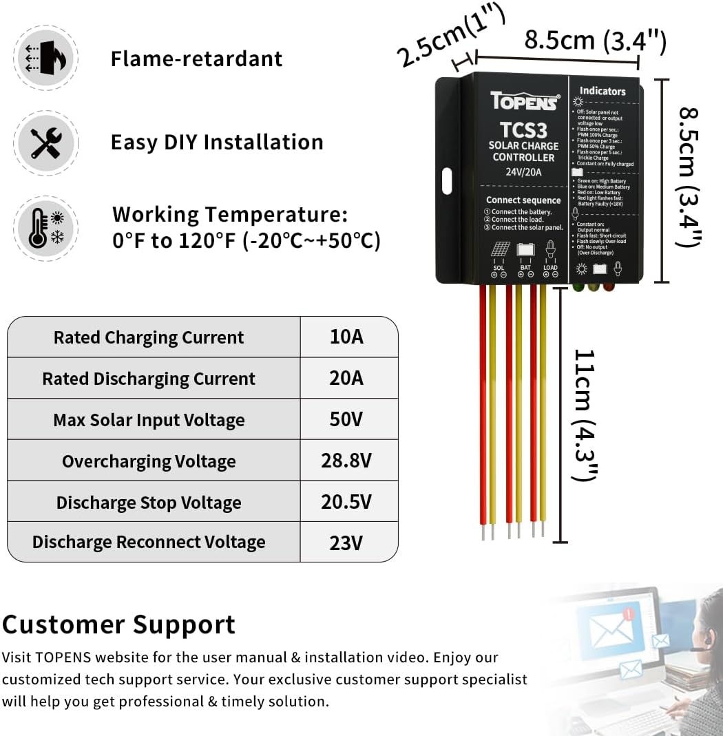 TOPENS TCS3 Solar Charge Controller Waterproof Solar Panel Battery Regulator for Solar Automatic Gate Opener, Boat, Yacht, RV, Caravan, Golf Car, Street Lamp, Garden Light and Farm Equipment