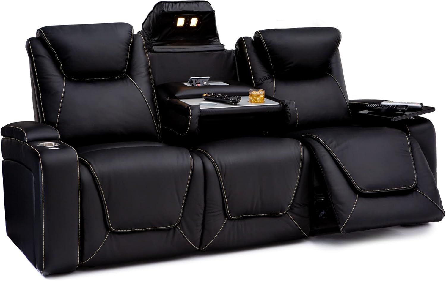 Seatcraft Concerto Heat & Massage, Italian Leather Sofa w/Fold-Down Table, Power Headrest, Power Recline, Black