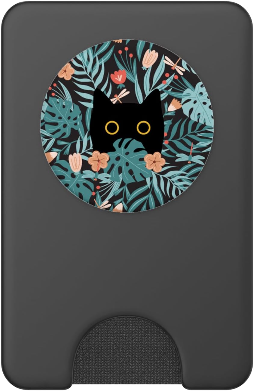 Black Cat in Botanical Flowers Green Floral Pattern Cute Cat PopSockets PopWallet for MagSafe