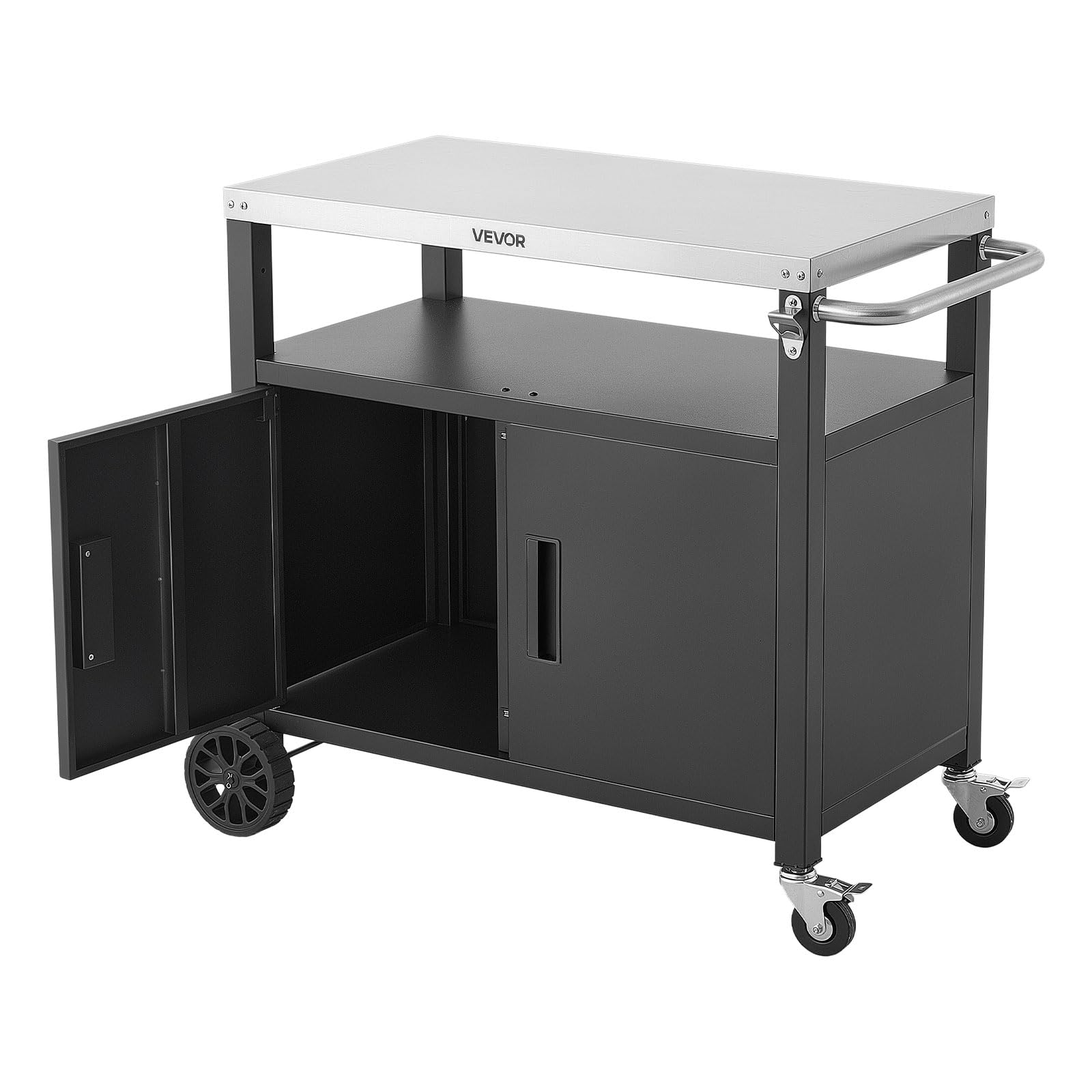 VEVOR Desserte Plancha Extérieure 92,4 cm, Chariot de Barbecue avec Plateau en INOX et Placard, pour BBQ Jardin Terrasse, Plan de Travail Mobile pour Cuisine d'Été, Table de Barbecue avec roulettes