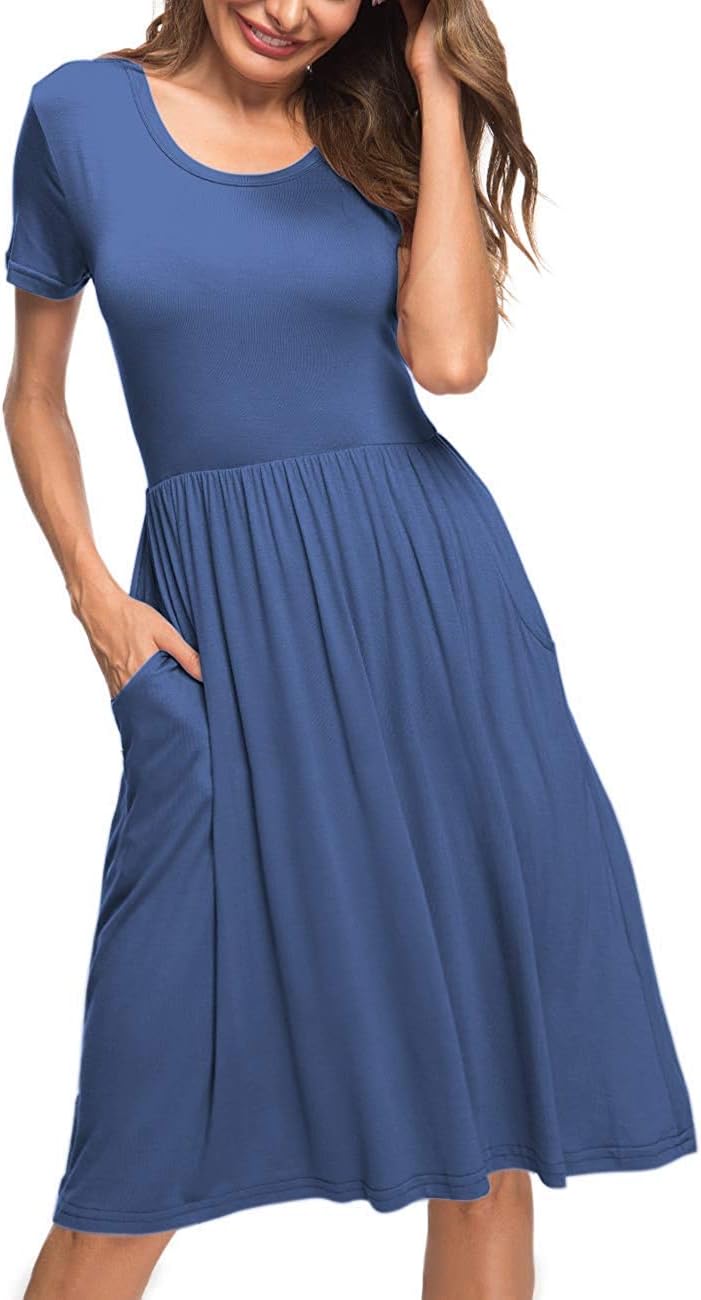 AUSELILY Women's Short Sleeve Empire Waist Dress Pleated Loose Swing Knee Length Dresses with Pockets 2025 New - Image 2