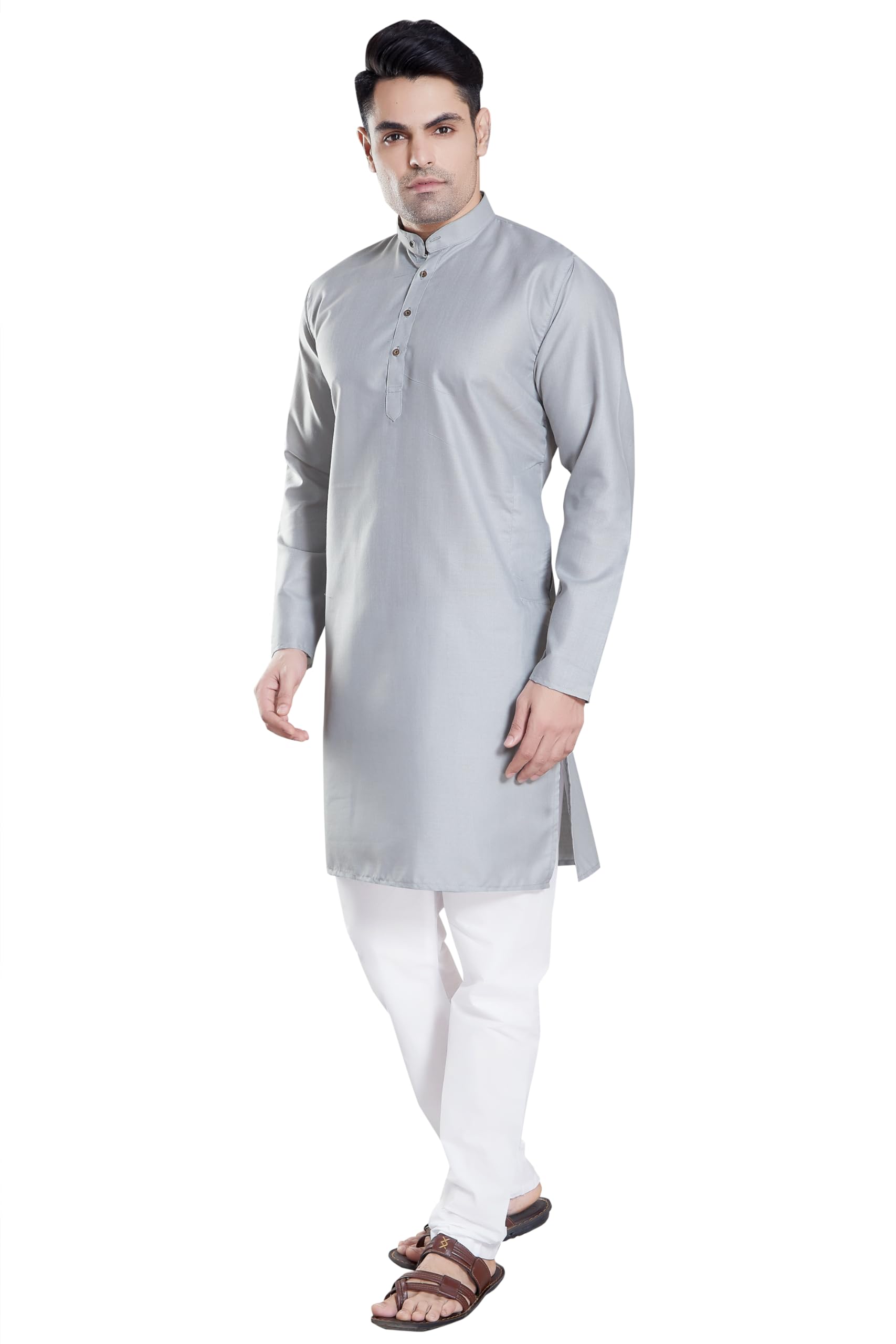 Divisive Men's Plain Cotton Blend Linen Slim Fit Kurta Pyjama Set (Dkrt71_S_Lt Grey)