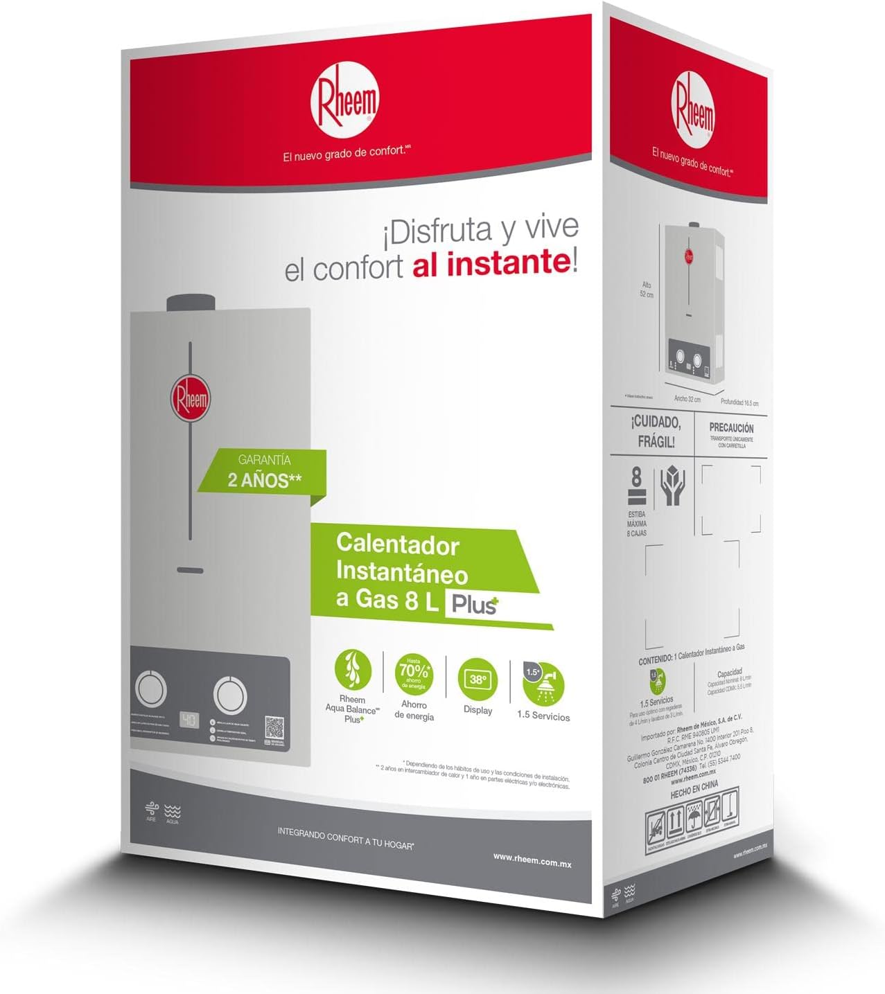 Rheem Instant Water Heater RHIN-CHN08P packaging displaying a 2-year warranty.