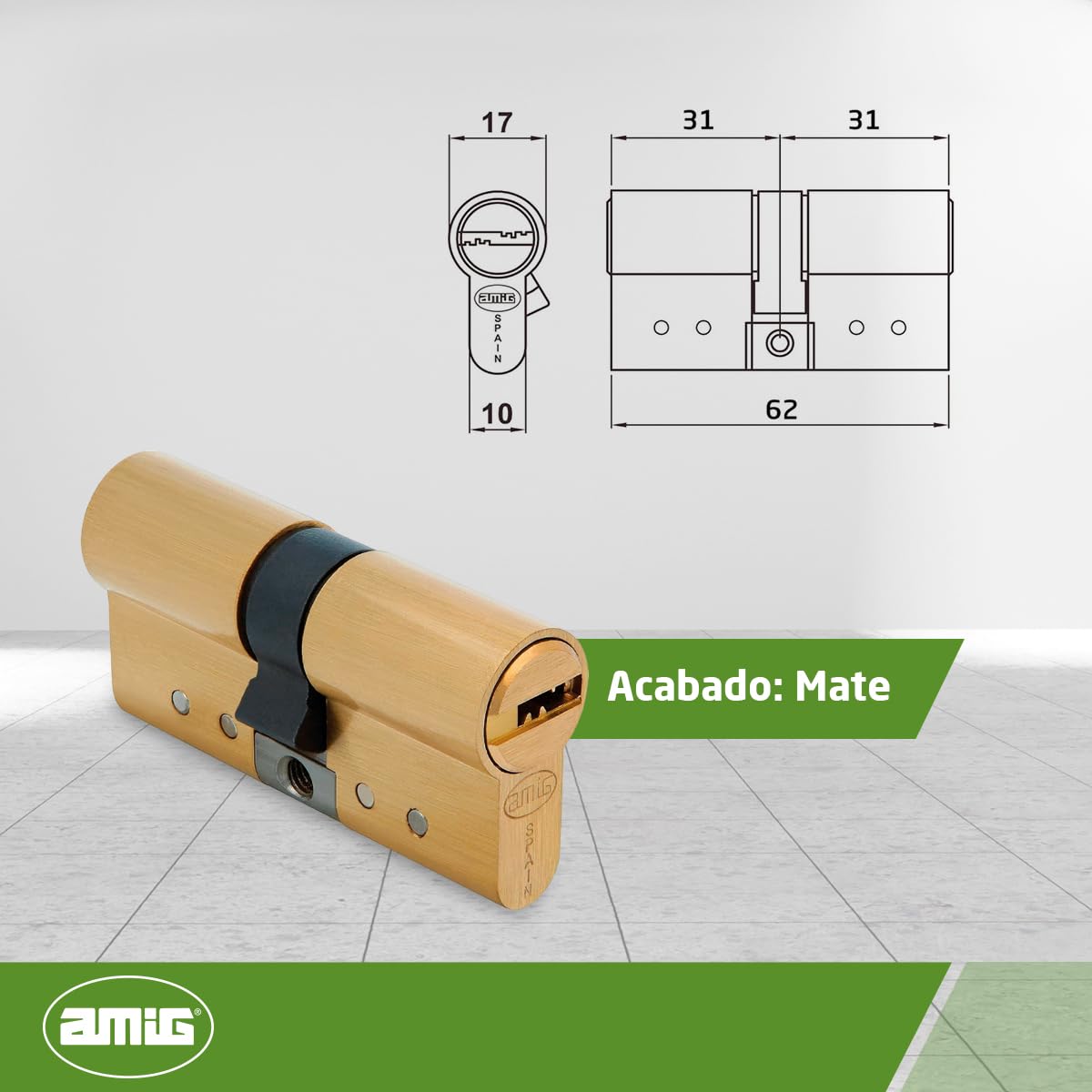 Amig – Cilindro de Seguridad Europeo 62 mm (31/31) en Latón Mate – Antitaladro y Antibumping – Para Puertas de Madera