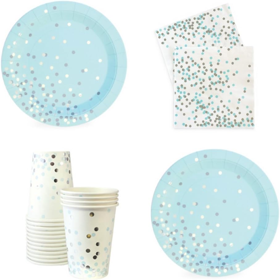 FAKKOS Blue and Silver Party Supplies Baby Boy Bridal Shower Birthday Elegant Silver Foil Stamp Including Paper Dessert Appetizer Plates, Napkins & Cups