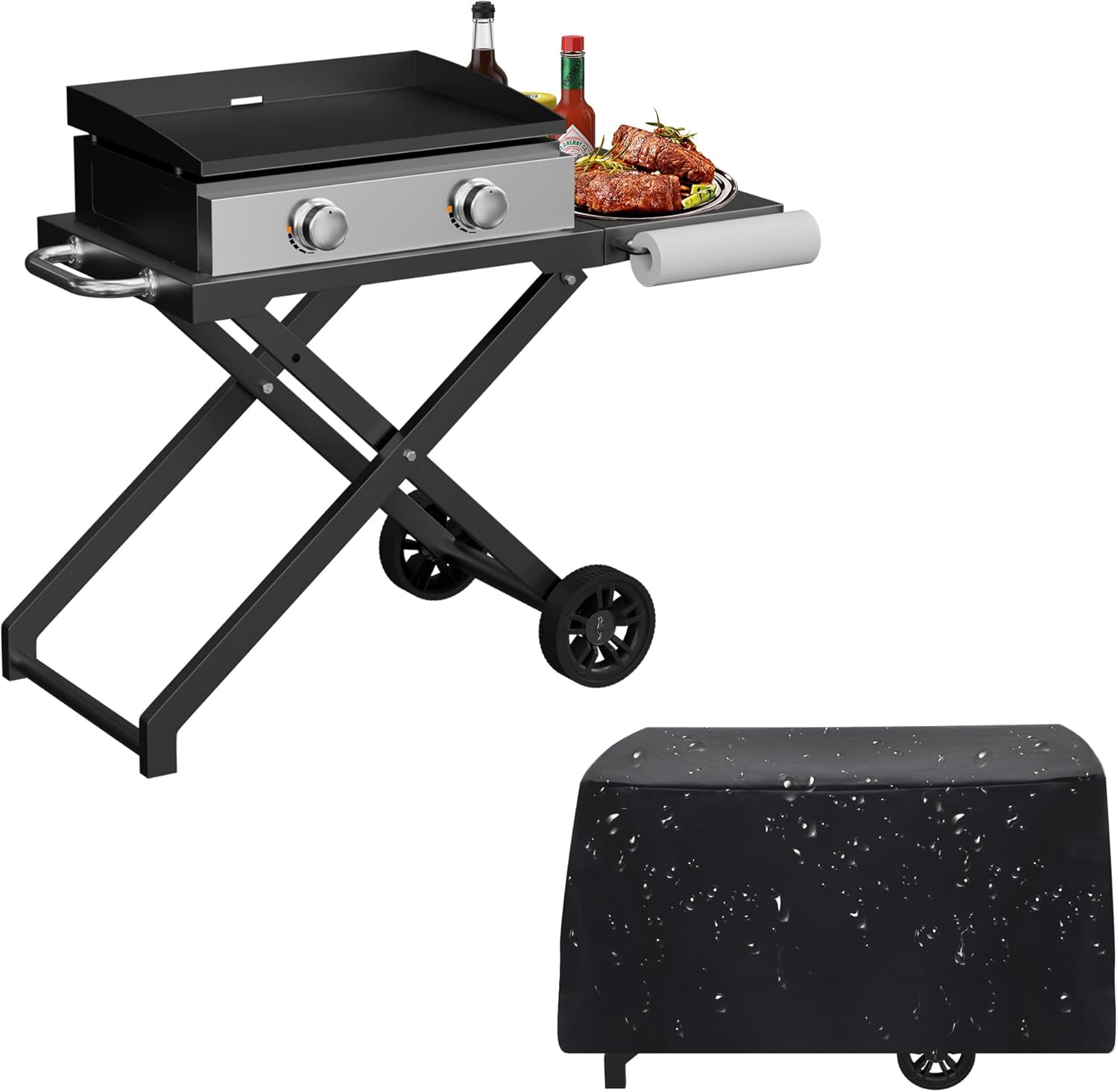 Portable Grill Cart for Monument 2-Burner Gas Grill, Folding Outdoor Grill Table for Monument 18" & 22" Grill Griddle, Monument Portable Top Griddle Stand with Side Table for Monument 2-Burner