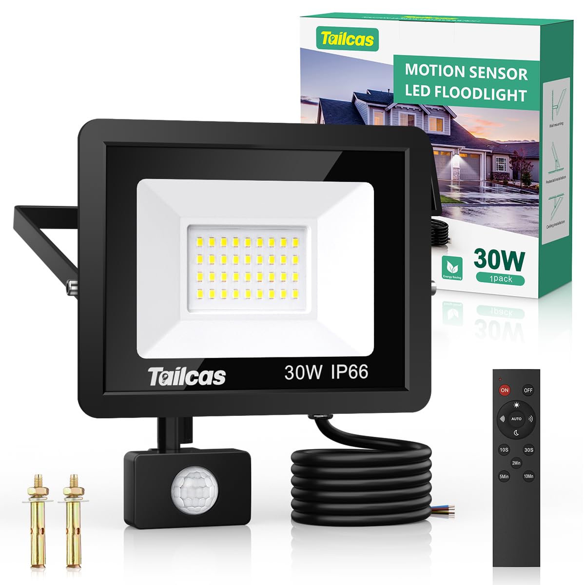 Tailcas 30W Focos LED Exterior con Sensor de Movimiento, IP66 Impermeable Foco Proyector LED con Control Remoto, 2700LM, 6500K Blanco Frío Foco LED Exterior o Interior para Jardín, Patio, Garaje
