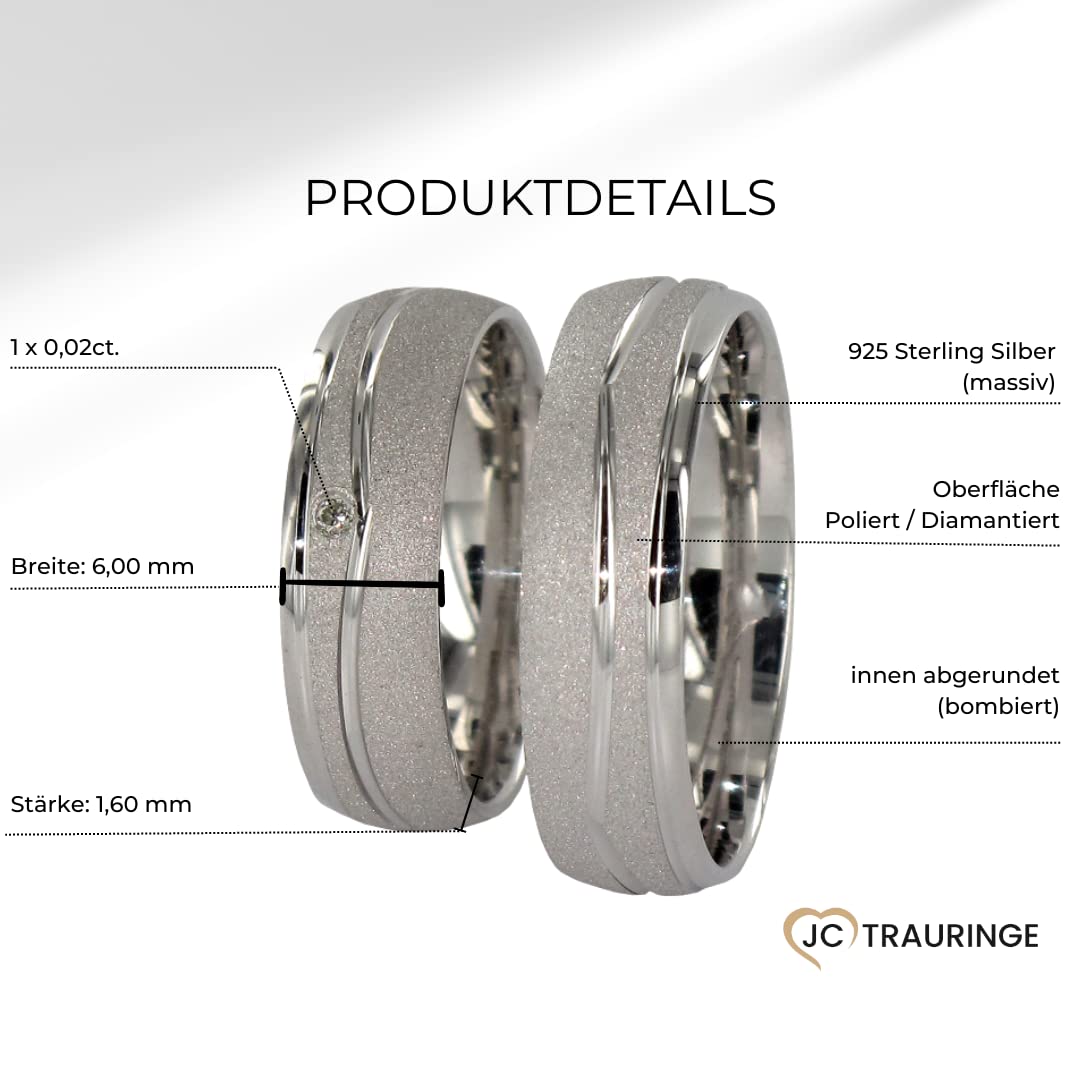 JC Trauringe 925er Sterling Silber Paar-Preis I Ehe-Ringe mit kostenfreier Gravur I Partnerringe 6 mm breit inkl. Etui-Box I Damen-Ring mit Zirkonia-Stein I Größe 48 bis 72 I A04