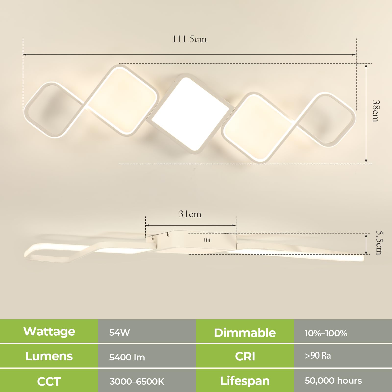 OTREN Plafoniera LED Soffitto Dimmerabile con Telecomando 54W 112cm