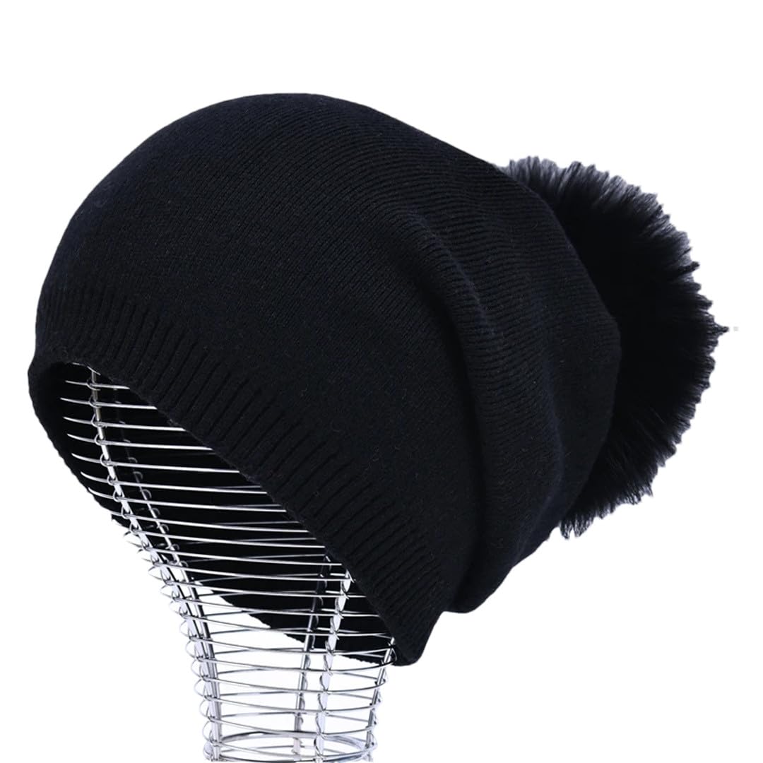 Gorros De Cachemira Para Mujer, Gorro De Punto Liso Con Pompón De Piel Grande, Gorros De Lana Cálidos Para Invierno