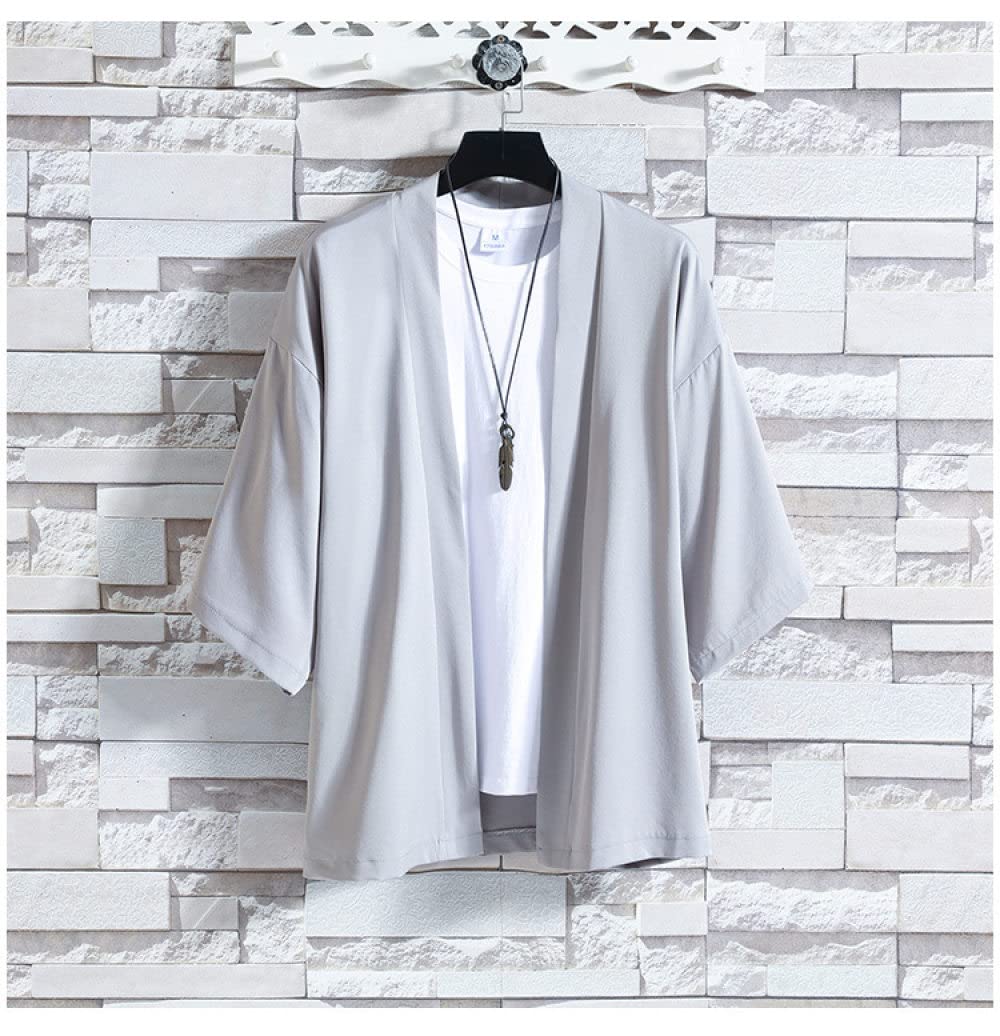 VOIO Kimono Japones, Cárdigan Tipo Kimono para Hombre, Chaqueta Tipo Kimono con Frente Abierto Liso Tradicional Oriental, Camisa Aloha De Playa De Verano Gris Claro, Trajes De Baño Ligeros De Hawaii