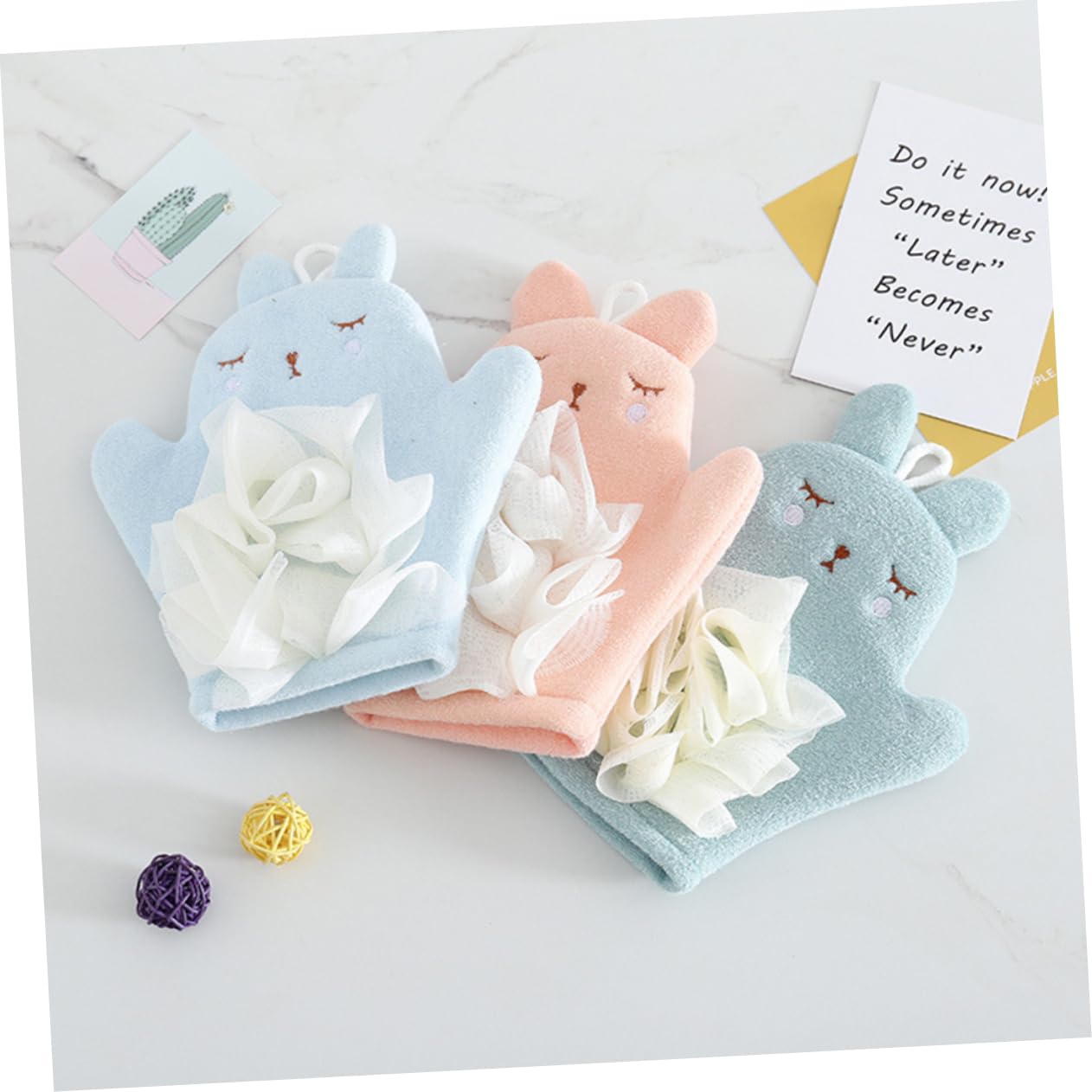 Guanto da Bagno Esfoliante Bunny 3 Pezzi in Fine Fiber Pe | Doppia Faccia, Polsini Elastici, Texture Morbida e Delicata, Facile da Pulire