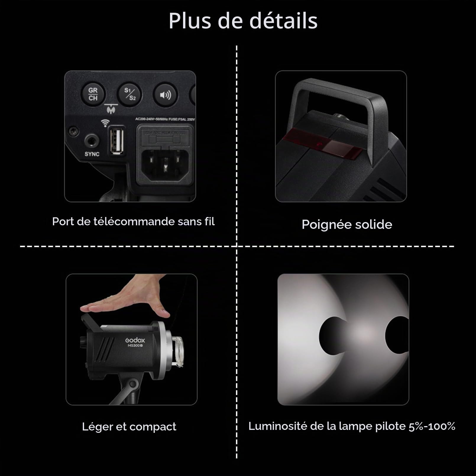 Godox MS300V Flash de Studio 300W 2,4G Monture Bowens Lampe LED | GN58, 5600K ±200K, Système sans fil 2,4G intégré, Lampe LED de Modélisation, Réflecteur Standard, idéal pour Studio, Portrait