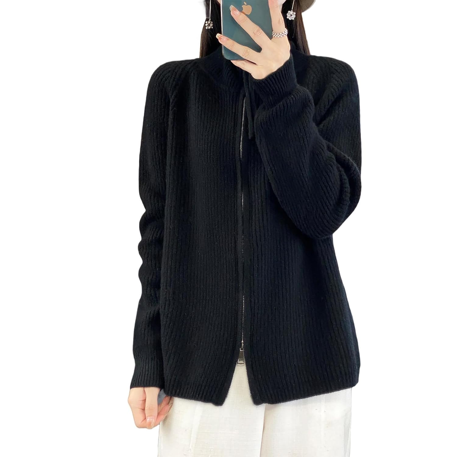 Apvirdy Zip Up Sweaters for Women Merino Wool Sweater Cardigan Turtleneck Baggy Open Front Knit Cardigan with Coat