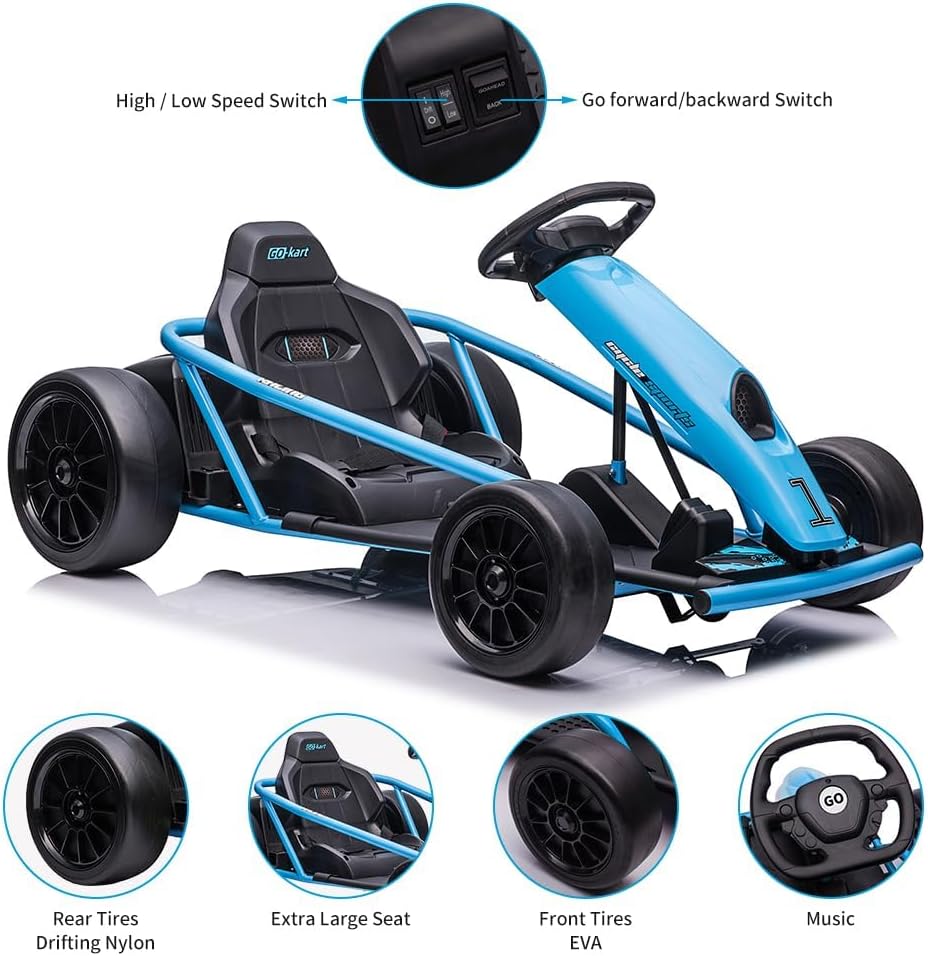 24V Go Kart for Kids 8-12 Years, 300W*2 Extra Powerful Motors, 9Ah Large Battery 8.1MPH High Speed Drifting Car with Music, Horn,Max Load 155lbs Outdoor Ride On Toy for Teens (Blue)