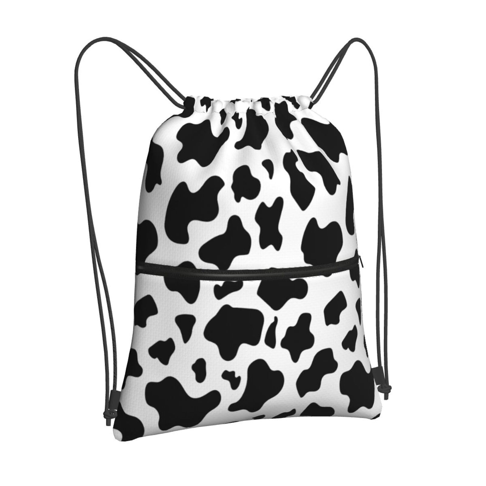 Newhomestyle Cow Print Drawstring Backpack, Black White Waterproof Drawstring Bag, Large Capacity Durable String Sackpack, Cinch Sackpack for Yoga Sport Beach Gym Shopping