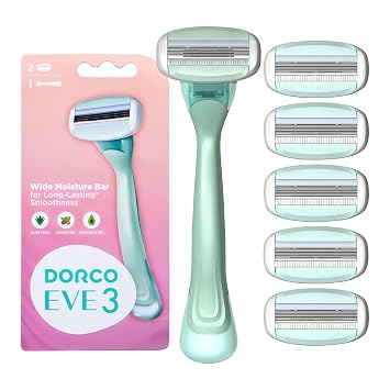 Dorco EVE3 Razor Smooth TouchTM للنساء، يتضمن مقبض ماكينة حلاقة واحد و6 مقابض إعادة تعبئة شفرات الحلاقة طويلة الأمد + 6 عبوات إعادة تعبئة