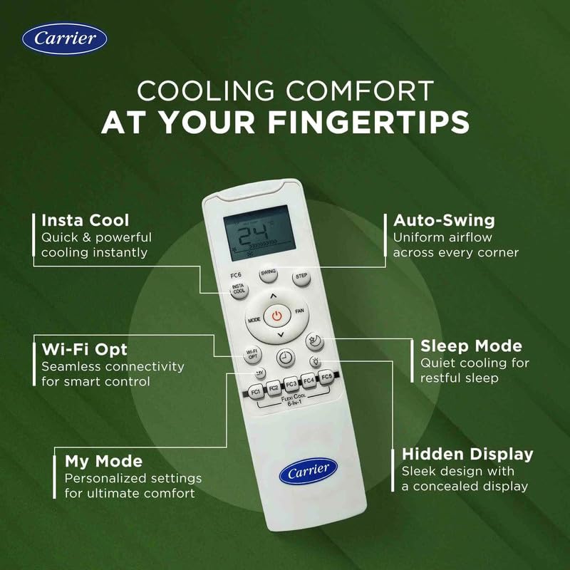 Carrier XCEL EDGE Fxi Remote Control showing buttons for Insta Cool, Auto-Swing, Wi-Fi Opt, Sleep Mode, My Mode, and Hidden Display