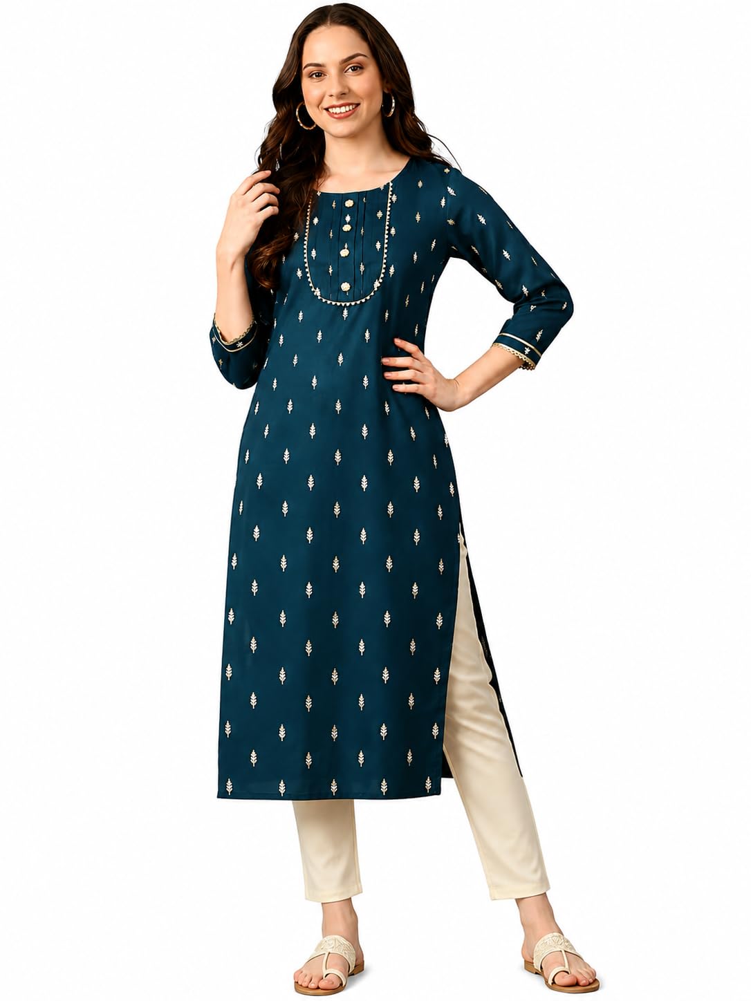 Women Straight Kurta in Pure Cotton | Printed Design | 3/4 Sleeve Lightweight Ethnic Wear for Daily and Work Use-image-39