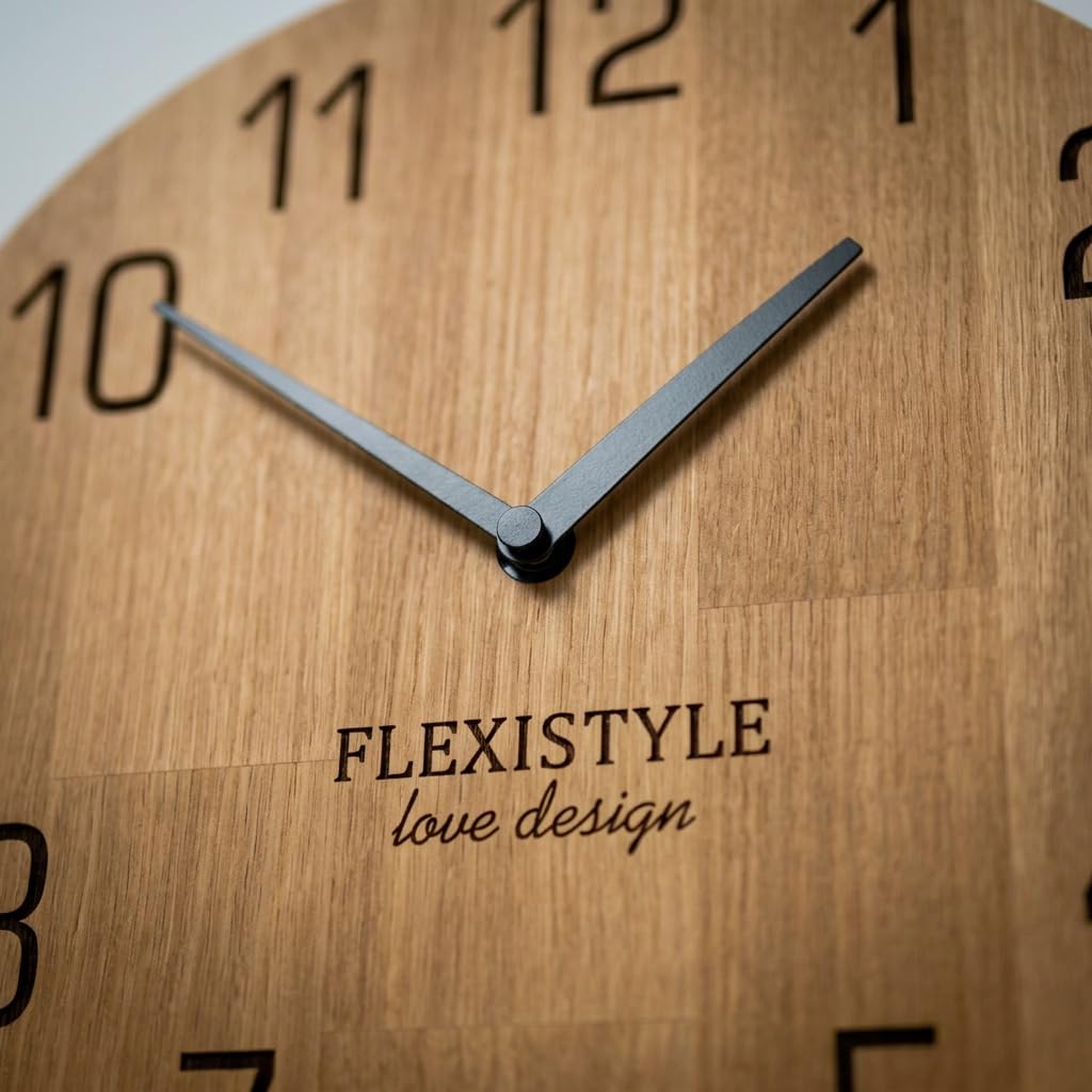 FLEXISTYLE Wanduhr Natur 30cm Durchmesser holzoptik 100% Eiche, Holz modern, Wohnzimmer, ohne tickgeräusche …