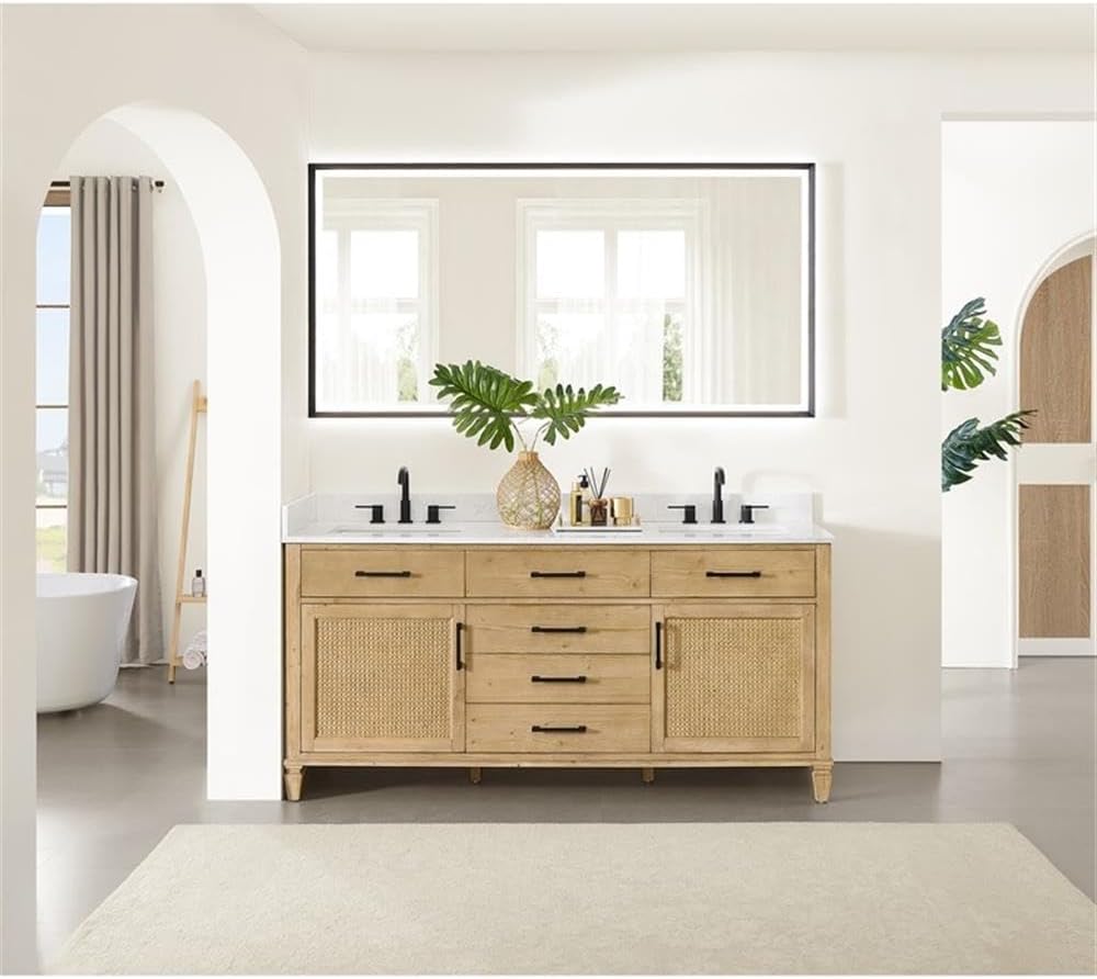 Pemberly Row 72" Bathroom Vanity, Weathered Fir Finish, Solid Wood Cabinet, Stone Countertop, Double Ceramic Sinks, Rattan-Woven Fronts, 6 Drawers, Mid-Century Style, Includes Backsplash and