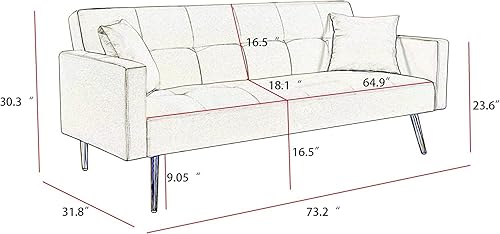 Miniatura 2 de Sofá cama futón de terciopelo, sofá cama de 73 pulgadas con 3 ángulos reclinables, sofá biplaza de sala de estar, dos almohadas y patas de metal