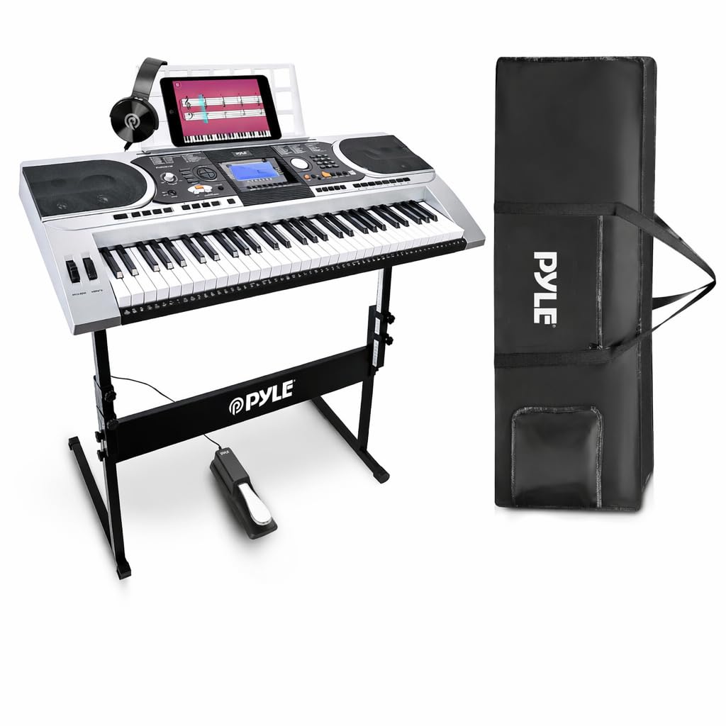 Pyle 61 Keys Electric Keyboard Piano, Kids Music Digital Piano Keyboard with Stand for Beginners, Adult Electronic Keyboards, Portable Musical Karaoke Instrument w/ Sustain Pedal/Case/Headphones