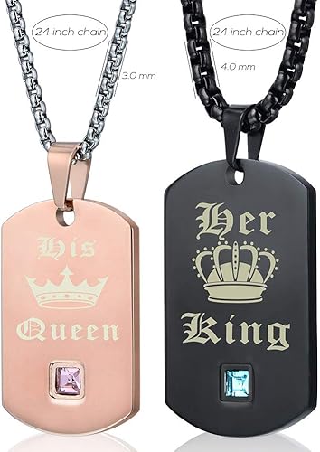 Miniatura 5 de Wolentty Collares de acero inoxidable para parejas King and Queen, con cadena para él y ella, joyería a juego, regalos para el día de San Valentín