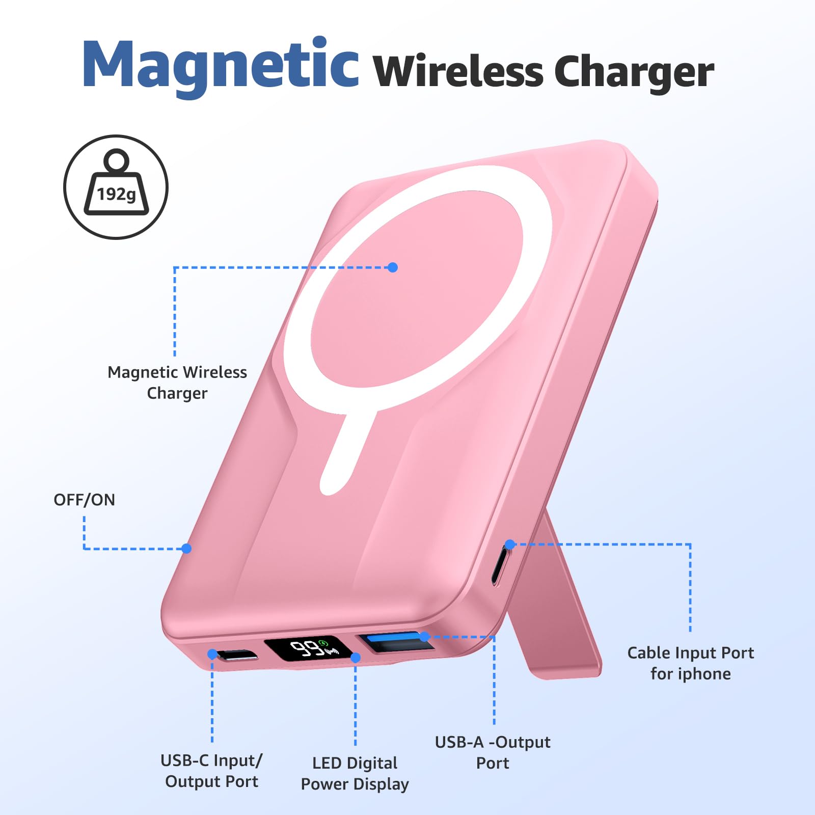 Azmuth para Magsafe Power Bank, 10000mAh Magnético Bateria Externa Carga Rapida 15W,Powerbank con Soporte Plegable Pantalla LED USB-C 20W y USB-A 22.5W para iPhone 17/16/15/14/13/12 Serie Rosado