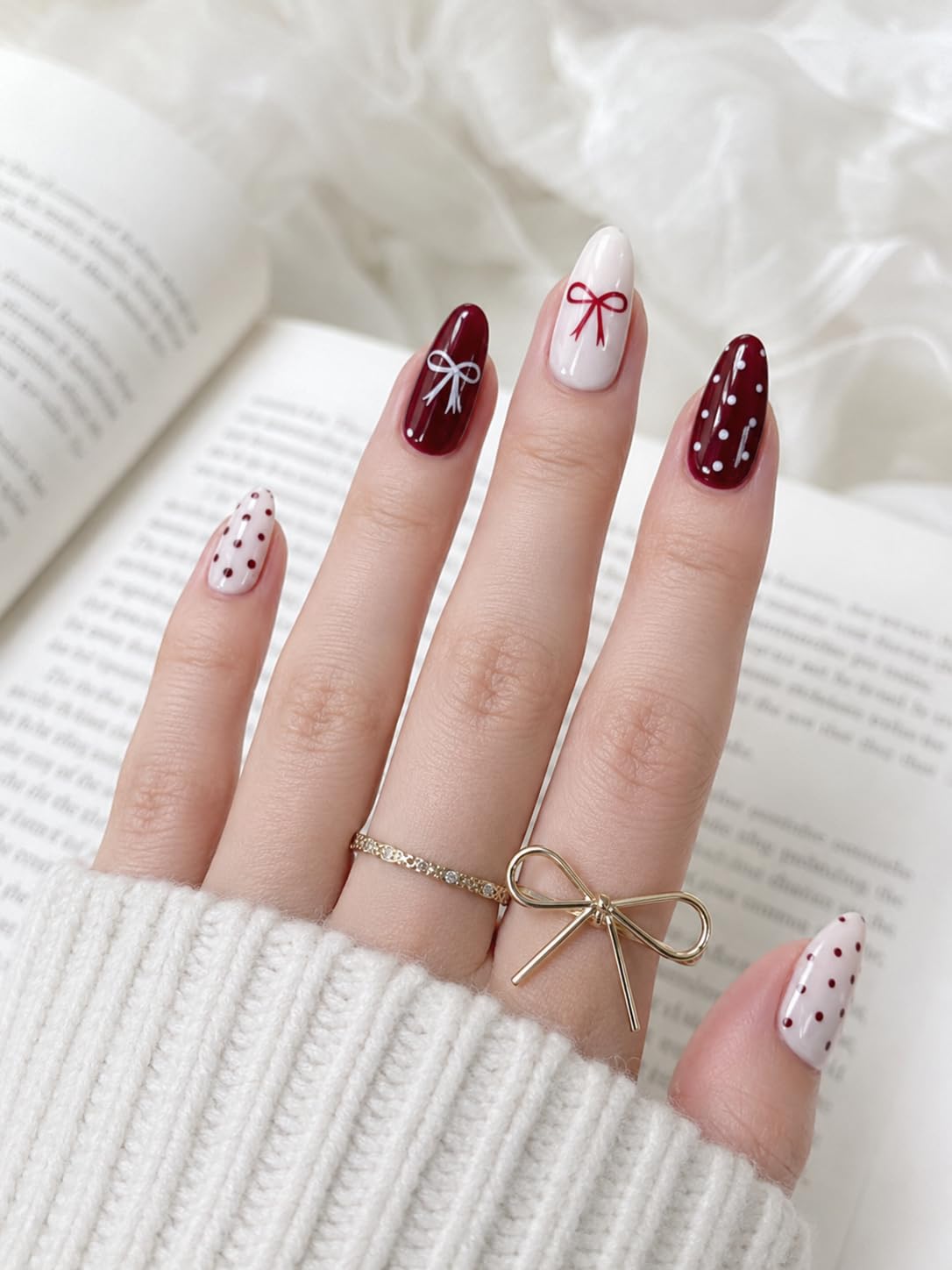 24 PCS Red & White Polka Dot Press On Nails with Cute Bow Design | Almond Shape Reusable Fake Nails for Women-picture-55