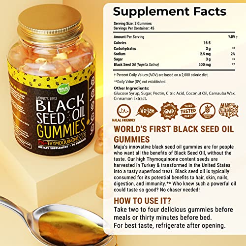 Maju's Black Seed Oil Gummies, World's 1St, 2.5X Per Bso Gummy, Cumin Nigella Sativa Oil, Cold-Pressed, Potent Formula With Cinnamon Extract, Tasty, 500Mg 90Ct #TOP5